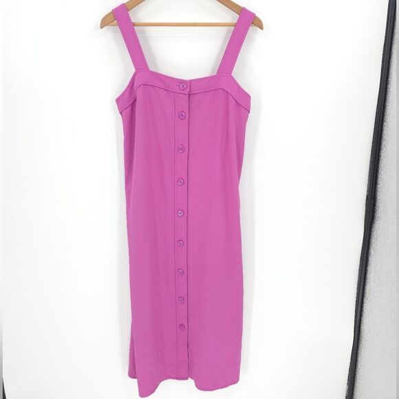 Everlane Midi Dress Womens 6 Magenta Full Button Down Square Neck Pockets - Picture 2 of 16